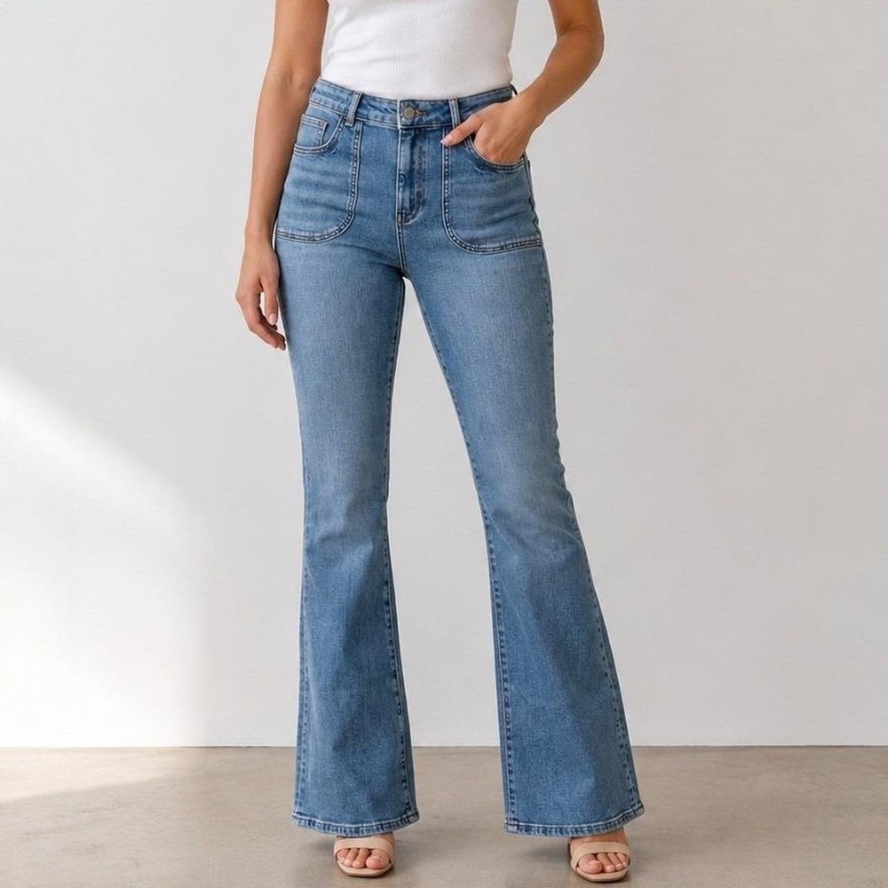 Pilcro and the Letterpress The Icon Flare Jeans Blue Patch Pocket RawHem 26W 28L